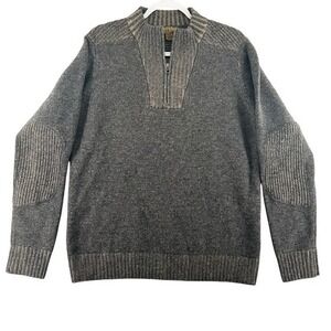 Pronto Uomo Blue Wool Mens Size‎ Large Sweater Tan Gray Elbow Patch Quarter Zip